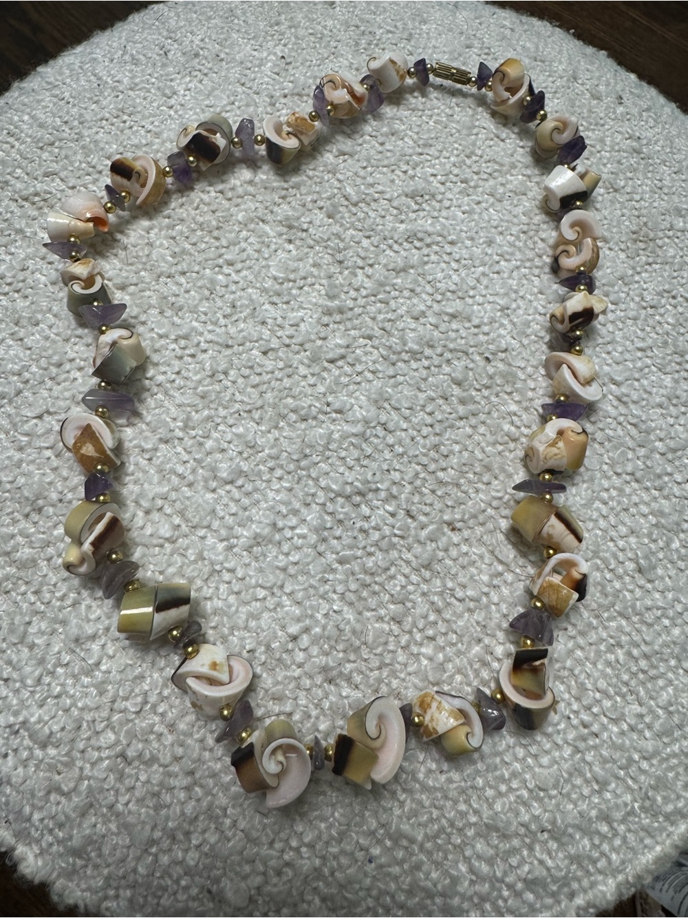 Handmade Shell and Bead Necklace in Cream, Brown & Purple